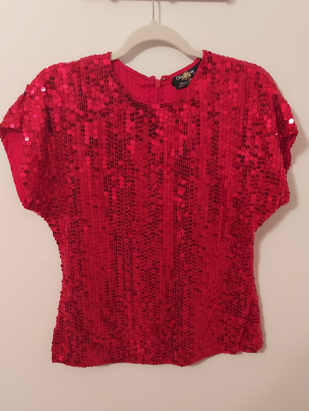 Oleg Cassini Top, Size Small, Silk, Cap Sleeve, Red Sequins